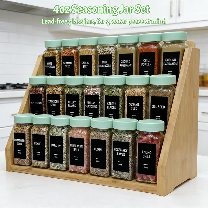 Spice Jars with Labels - 24 Glass Spice with Shaker Lids & Airtight Plastic Caps - 4oz Complete Seasoning Containers Organizer Set for Cabinet, Drawer & Rack (Light Green) - Image 3