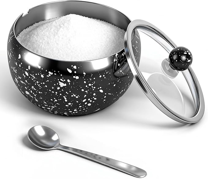holoith Sugar Container with Glass Lid and Spoon, 16oz Snowflake pattern Stainless Steel Sugar Bowl for Coffee Bar Station Accessories Kitchen Storage for Salt, Candy, Coffee Bean (Black) by Holoith
