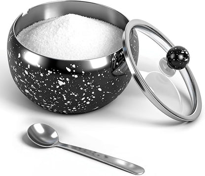 holoith Sugar Container with Glass Lid and Spoon, 16oz Snowflake pattern Stainless Steel Sugar Bowl for Coffee Bar Station Accessories Kitchen Storage for Salt, Candy, Coffee Bean (Black) by Holoith