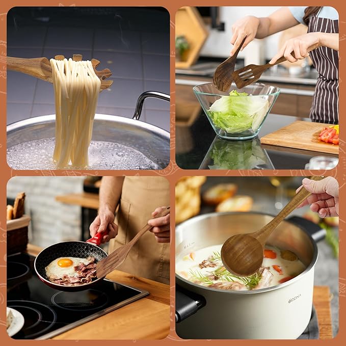 comfoyar Wooden Kitchen Cooking Utenails Set, 7 Pieces Natural Teak Wooden Spoons for Cooking with Spatula and Ladle, Heat Resistant Kitchen Cookware for Nonstick Pan - Image 7