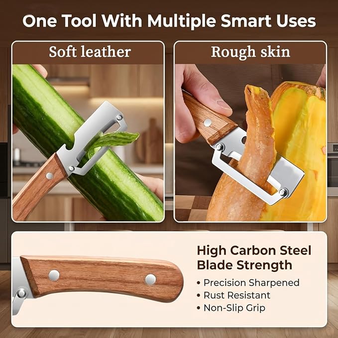 2 Pack Multifunctional Vegetable Peeler, 2-in-1 Kitchen Peeler with Bottle Opener, Wooden Handle & Stainless Steel Blade, for Potato, Carrot, Fruit, Pumpkin,sugar cane, Papaya & More - Image 2