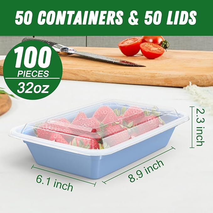 50 Pack (100-Piece) 32 oz Meal Prep Containers Reusable with Easy Open Lids, Sturdy Leakproof Food Safe, Microwave Freezer Dishwasher Safe, To Go Take Out Plastic Food Storage Pans with Lids, Blue - Image 2