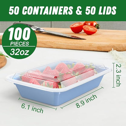 50 Pack (100-Piece) 32 oz Meal Prep Containers Reusable with Easy Open Lids, Sturdy Leakproof Food Safe, Microwave Freezer Dishwasher Safe, To Go Take Out Plastic Food Storage Pans with Lids, Blue - Image 2