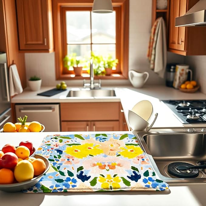 Blue and Yellow Floral Large Dish Drying Mats, Reversible Dish Drying Pads for Kitchen Counter Foldable and Stored in a Drawer,18"x24" Extra Large Draining Mat Protect for Kitchen,Bar Counter - Image 3