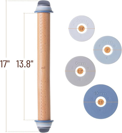 BAMBOO LAND- Adjustable Rolling Pin with Thickness Rings for Baking, 13.8", 4 Pastel Colored Thickness Rings (2-10 mm or 1/16"-3/8"), Wood Rolling Pins for Baking, Bread, Pizza Doughs - Image 2