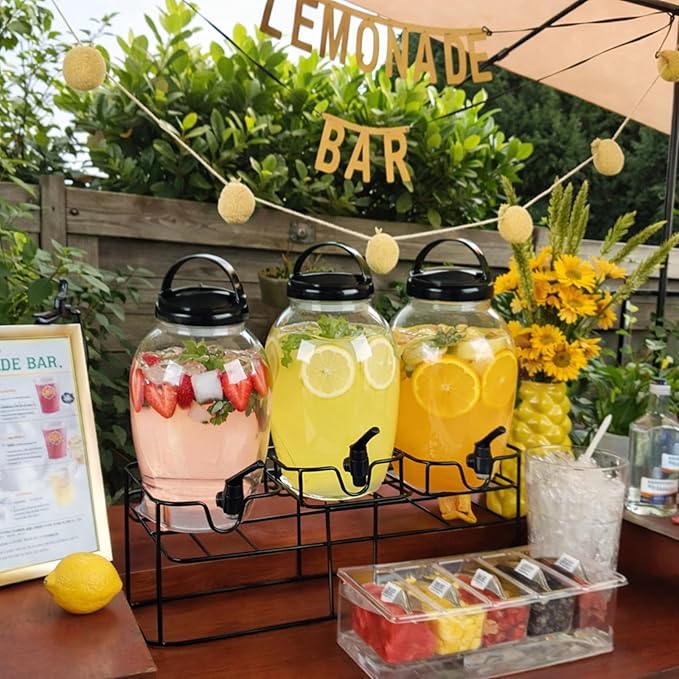 Tanlade 3 Pcs Plastic Drink Dispenser with Spigot and Metal Stand 1.2 Gallon Beverage Dispenser for Parties Juice Dispensers Lemonade Jar with Lids for Cold Drink Tea Water Container (Black)