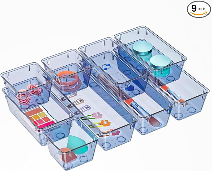 WOWBOX 9 Pack Clear Drawer Organizer Set, Acrylic Drawer Storage Trays, Storage Bins for Makeup, Cosmetics, Jewelries, Utensils, Gadgets, Office, Dark Blue by WOWBOX