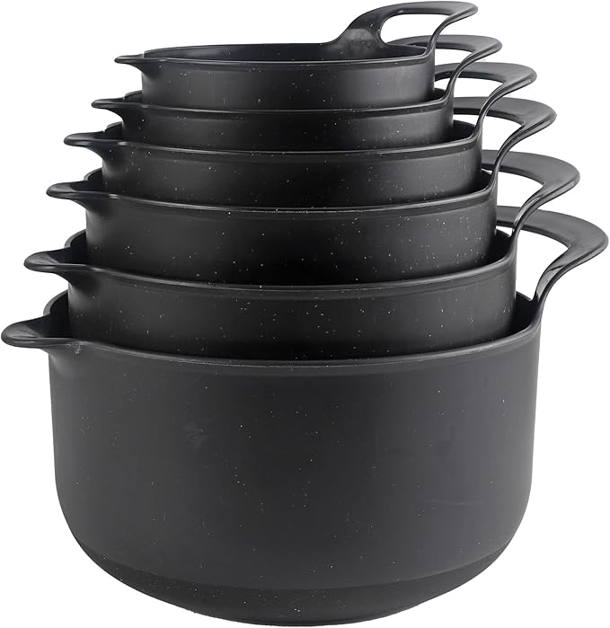 COOK WITH COLOR Nesting Plastic Mixing Bowl Set with Pour Spouts and Handles, Black Speckled, 6 Piece Non-Slip by CookwithColor