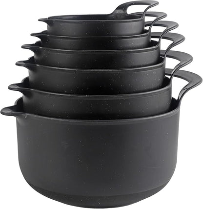 COOK WITH COLOR Nesting Plastic Mixing Bowl Set with Pour Spouts and Handles, Black Speckled, 6 Piece Non-Slip by CookwithColor