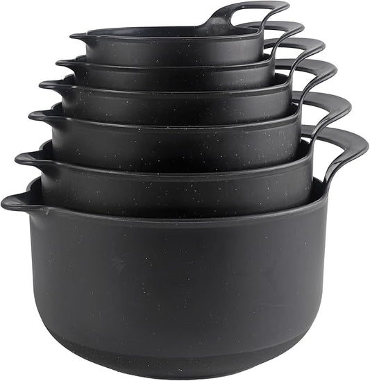 COOK WITH COLOR Nesting Plastic Mixing Bowl Set with Pour Spouts and Handles, Black Speckled, 6 Piece Non-Slip by CookwithColor