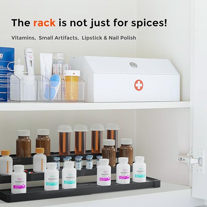 2 Pack Expandable Spice Rack Organizer for Cabinet - 3 Tier Adjustable Cabinet Spice Organizer Easy Visibility - Spice Organizer for Cabinet Countertop Cupboard Pantry Organization (Black) - Image 9