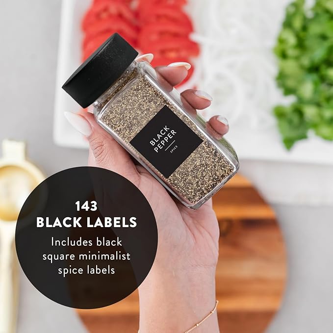 SAVVY & SORTED Glass Spice Jars with Label 24 PK - 4 Oz Spice Containers with 374 Minimalist Preprinted Labels Stickers, Pepper Grinder Funnel Shaker Lids, Empty Seasoning Containers Bottles - Image 4