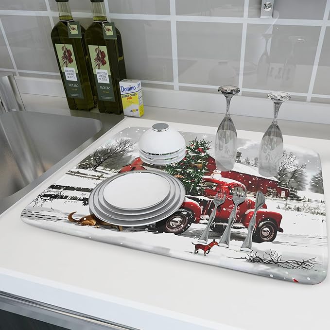 Red Truck Christmas Dish Drying Mat for Kitchen Counter 18x24 Inch Winter Xmas Tree Snowman Dog Print Absorbent Reversible Microfiber Drying Mats Kitchen Countertop Protector Dishes Drainer Rack Pad - Image 6