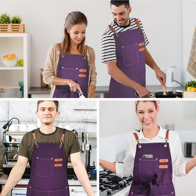 OUNLEN Chef Apron for Men Women Canvas Aprons with 3 Pockets Cross Back Resistant Work Apron for Cooking - Image 6