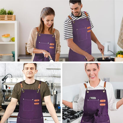 OUNLEN Chef Apron for Men Women Canvas Aprons with 3 Pockets Cross Back Resistant Work Apron for Cooking - Image 6