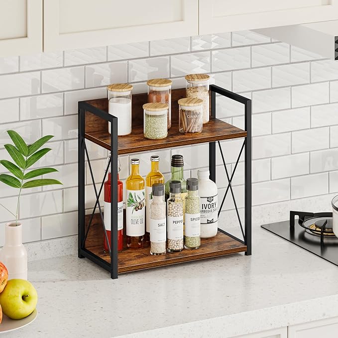 Giikin Kitchen Counter Shelf, Kitchen Countertop Organizer, 2 Tier Spice Rack for Counter, Wood Coffee Bar Organizer for Coffee Station (Brown, L) - Image 4