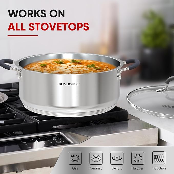 SUNHOUSE - 5.5 Quart Steamer Pots With Lid 2-Tier Multipurpose Stainless Steel Steaming Pot Cookware With Handle For Vegetable, Dumpling, Sauce, Food - Triple Bottom, Measurement Line - Image 5