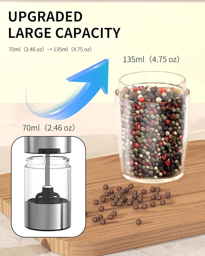 CIRCLE JOY Rechargeable Salt and Pepper Grinder Set Gravity Electric Salt and Pepper Grinder Set, LED Light, Adjustable Coarseness, for Home Kitchen BBQ, Black & White - Image 6
