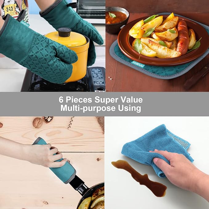 KEGOUU Oven Mitts and Pot Holders 6pcs Set, Kitchen Oven Glove High Heat Resistant 500 Degree Extra Long Oven Mitts and Potholder with Non-Slip Silicone Surface for Cooking (Lake Blue) - Image 7