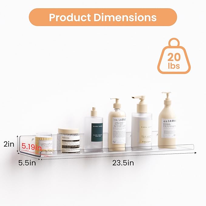 upsimples 2 Pack 23.6x5.5 Inches Acrylic Shelves for Wall Storage, Floating Bookshelves for Kids, Display Shelf Organizer for Bathroom, Bedroom, Living Room, Kitchen, Clear - Image 3