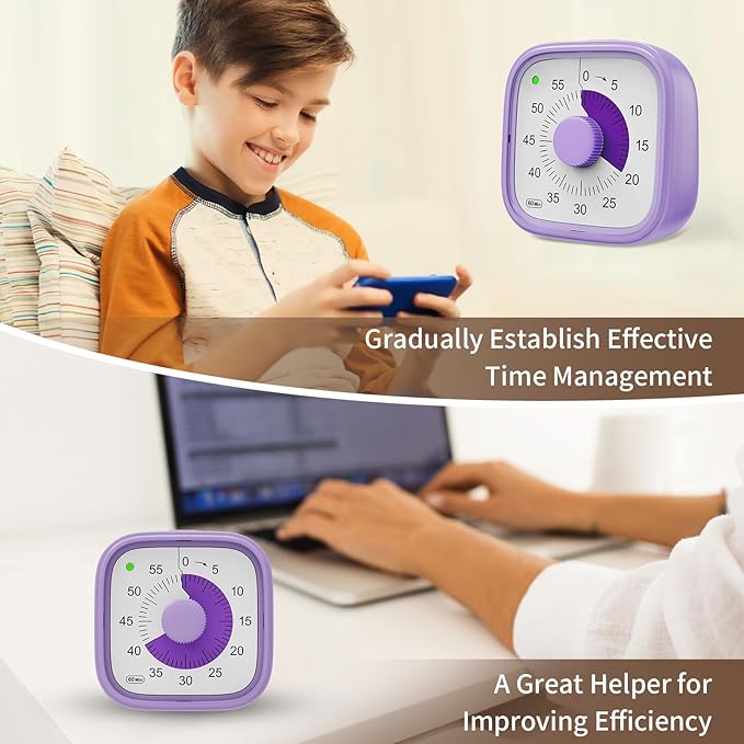 ADHD Timer, Pomodoro Timers for Kids Adults, 60-Minute Countdown Desk Timer for Productivity, Silent ADHD Tools for Kids Toddlers, Kitchen for Cooking (Purple)