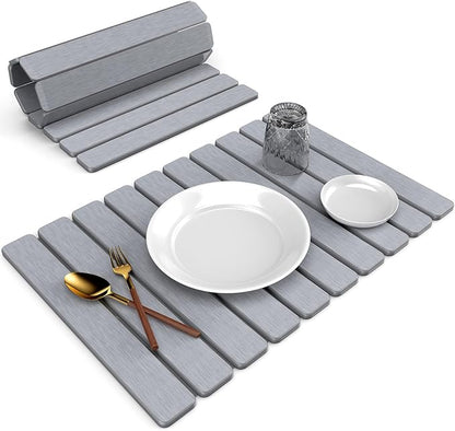 Large Stone Dish Drying Mat for Kitchen Counter, 24"(L)×16"(W), Collapsible Quick Dry Stone Dish Mats, Super Absorbent Diatomaceous Earth Drying Pad for Dishes Bottles Cups, Countertops (Light Grey) by Incenseburner