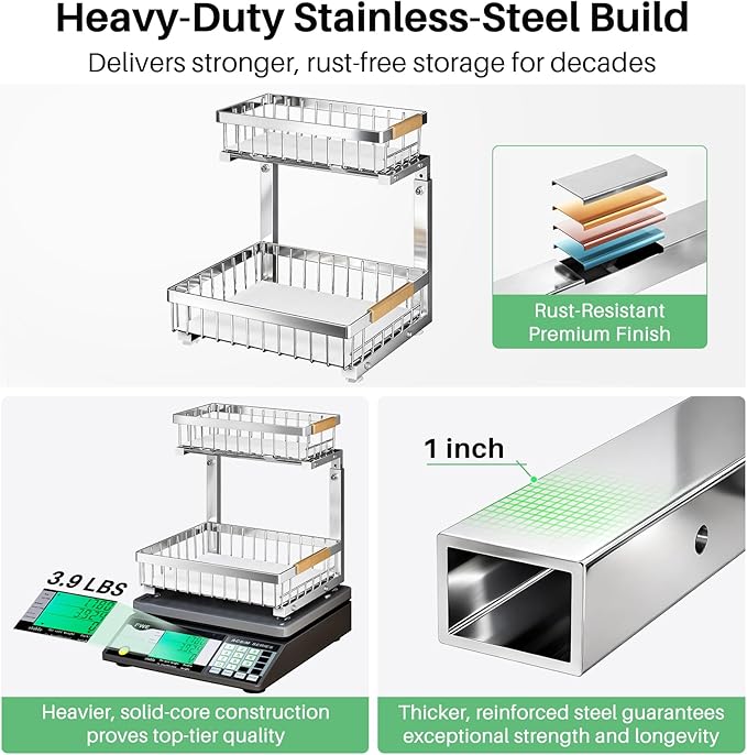 Under Sink Organizer, Stainless Steel 2 Packs 2 Tier Under Sink Organizers and Storage, Slide out Pull out Cabinet Shelf, Sliding Drawer for Kitchen Bathroom Pantry Cabinet Closet Organization Rack - Image 2