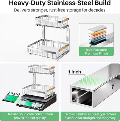 Under Sink Organizer, Stainless Steel 2 Packs 2 Tier Under Sink Organizers and Storage, Slide out Pull out Cabinet Shelf, Sliding Drawer for Kitchen Bathroom Pantry Cabinet Closet Organization Rack - Image 2