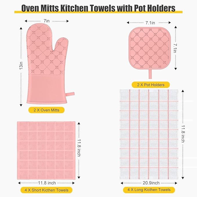 Oven Mitts Kitchen Towels Dishcloths with Pot Holders Sets 12PCS, Dish Towels Sets, Oven Gloves Pot Pads Heat Resistant 500 Degrees with Non-Slip Silicone Surface for Cooking Baking Grilling-Pink - Image 2