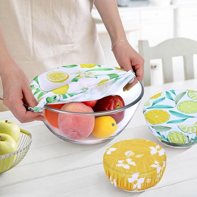 5 Pieces Bowl Covers Reusable, 5 Size Elastic Cloth Bowl Covers for Bread Proofing Stretch Food Covers Washable for Food Fruits Leftover (Lemon) - Image 3