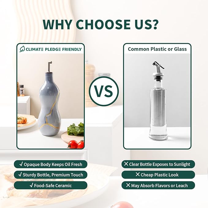 BosilunLife Ceramic Olive Oil Dispenser Bottle, 14 Oz Oil Cruet with Elegant Gold Accent & Curved Ergonomic Design, Non‑Drip Vinegar Bottle for Kitchen & Dining, Light Blue