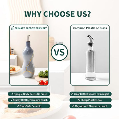 BosilunLife Ceramic Olive Oil Dispenser Bottle, 14 Oz Oil Cruet with Elegant Gold Accent & Curved Ergonomic Design, Non‑Drip Vinegar Bottle for Kitchen & Dining, Light Blue