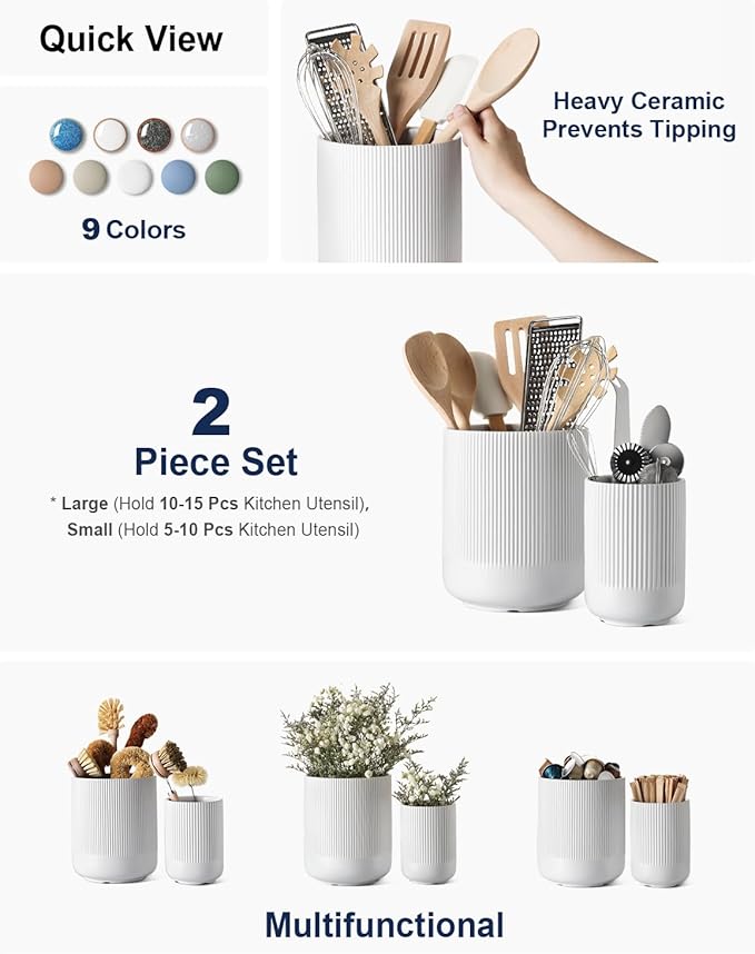 LE TAUCI Utensil Holder for Kitchen Counter, 7.3"+5.4" Fluted Ceramic Utensil Crock Organizer for Countertop, Heavy Large Holder for Spatulas, Spoons, Set of 2, White, Kitchen Counter Decor - Image 2