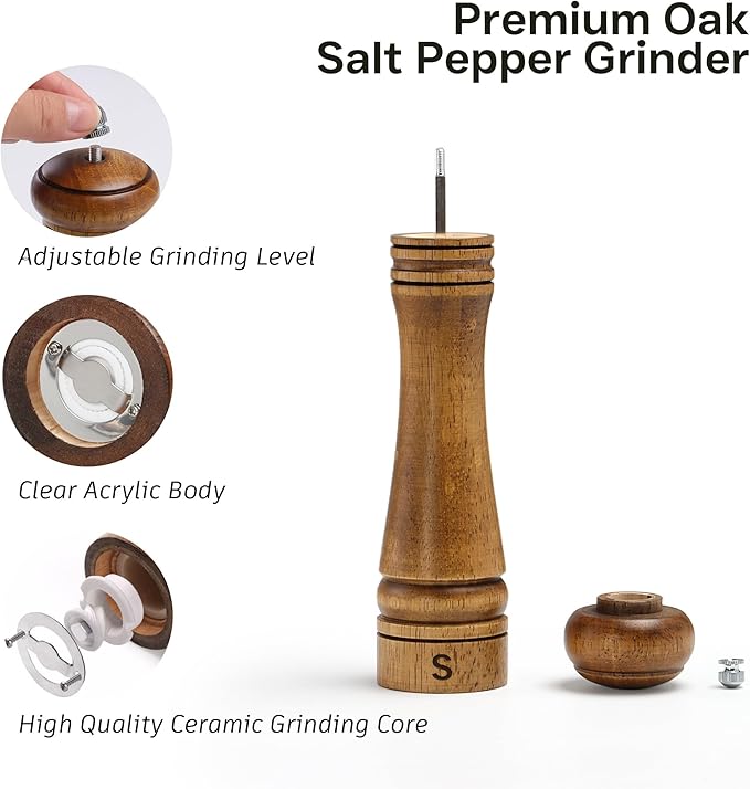 Wooden Salt and Pepper Grinder Set, Premium Oak Wood Salt Grinders Shakers, Pepper Mill with S and P Engraving, Adjustable Ceramic Grinder – 10 inches, 2 Pack - Image 2