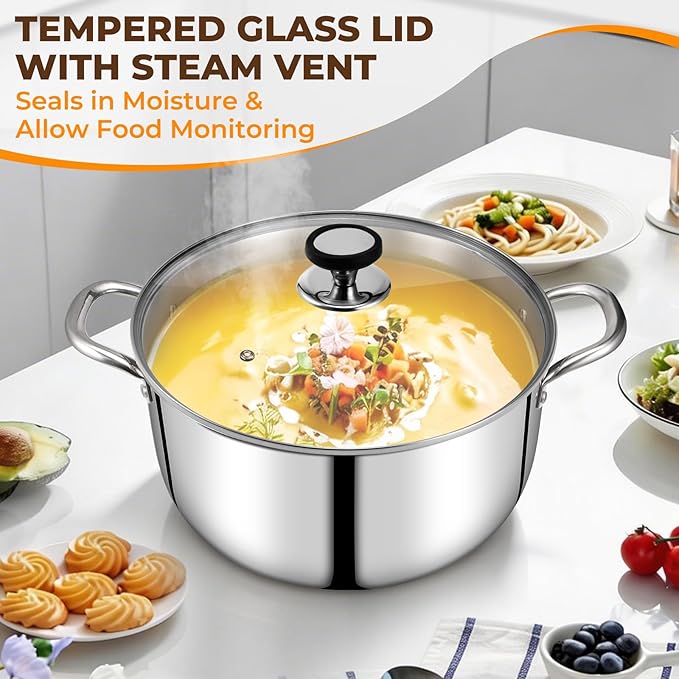 Tri-Ply Stainless Steel Stock Pot, 12 Quart Heavy Duty Induction Cooking Pot with Visible Lid for Pasta, Soup, Spaghetti, Sturdy & Double Handle, Dishwasher Safe - Image 6