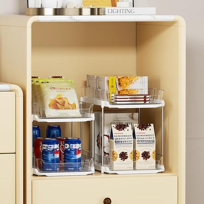 Delamu 4 Pack 2-Tier Bathroom Under Sink Organizers and Storage, Multi-Purpose Stackable Pantry Organization and Storage, Pull Out Clear Kitchen Bathroom Cabinet Organizer with Movable Dividers, White - Image 3