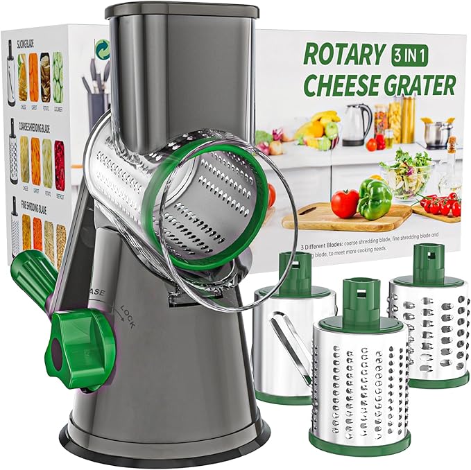 Cambom Rotary Cheese Grater Hand Crank Cheese Shredder for Fresh Cheese, Vegetable, Nuts,Non-slip Suction Base, Free Cleaning Brush Three Blades, Grey and Green by Cambom