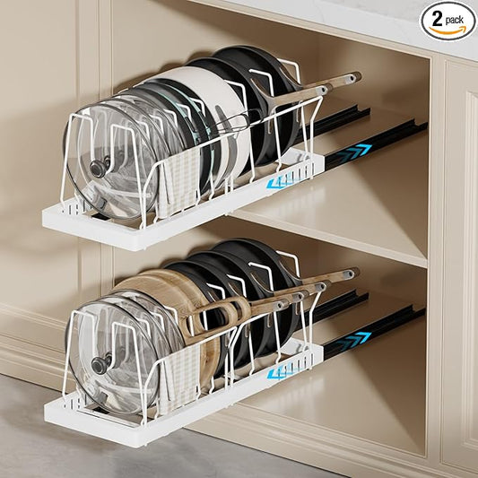 Magheo 2 Pack Pots and Pans Organizer Under Cabinet, 22" Deep Expandable Pull Out Pot Lid Organizer and Storage with 10 Adjustable Dividers No Drill Pot and Pan Holder Rack with Handle Bracket(White) by COMFORTYOURHOME