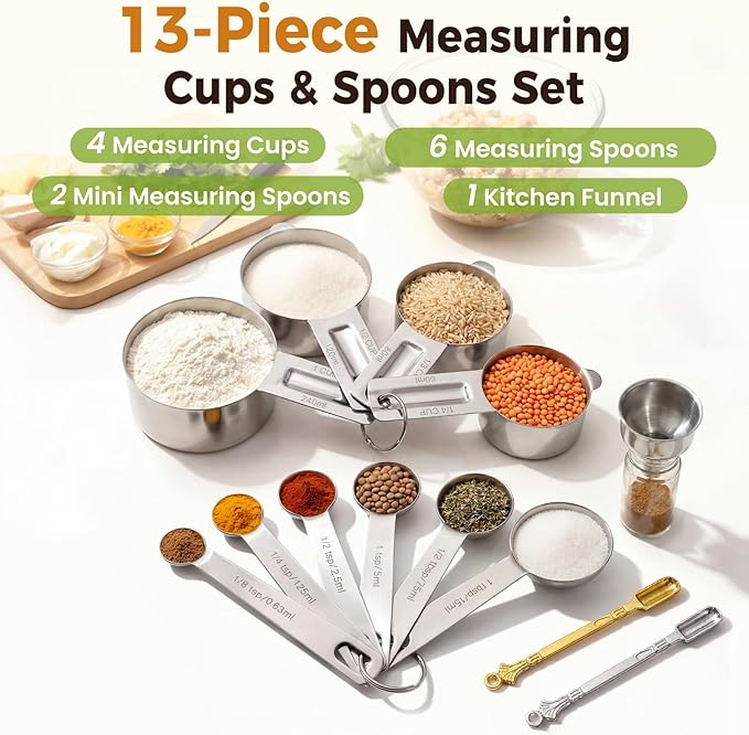 13PCS Measuring Cups and Spoons Set, Premium Heavy Duty Steel Measuring Spoons Cups Set with Metric and US Measurements, Set for Measuring Dry and Liquid Ingredients - Image 2