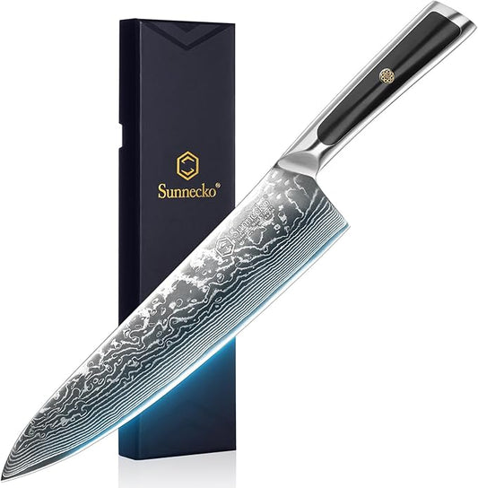Sunnecko 8 Inch Japanese Damascus Chef Knife - Ultra Sharp 10-12 Degree Edge VG10 67 Layers Kitchen Cooking Knife for Meat, Vegetable & Fruit, Full Tang Professional Forged Blade, Premium Gift Box by Sunnecko