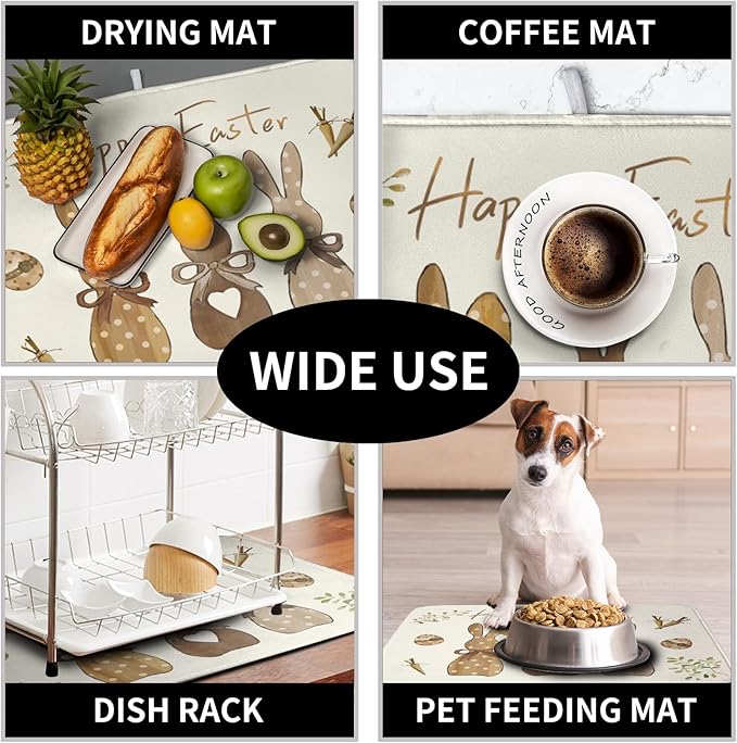 Happy Easter Bunny Dish Drying Mat Rabbits Egg Carrot Dish Pad for Kitchen Counter 16x18 Inch Microfiber Absorbent Spring Bufflao Plaid Dish Draining Mat Reusable Washable Dish Drainer Rack Mat - Image 7