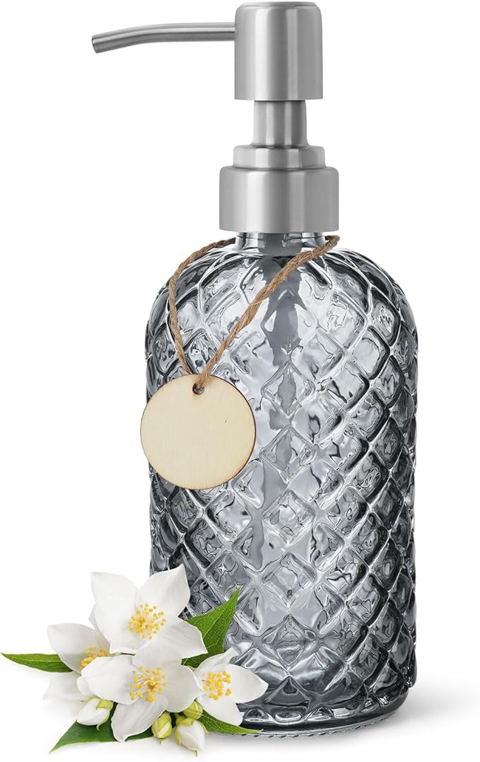 Gem-Patterned Glass Soap Dispenser with Rust Proof Stainless Steel Pump-13 oz Liquid Hand Soap Dispenser for Kitchen & Bathroom,Great for Lotions, Essential Oil, Liquid Soaps-Gray by HomeandKitchenNO1