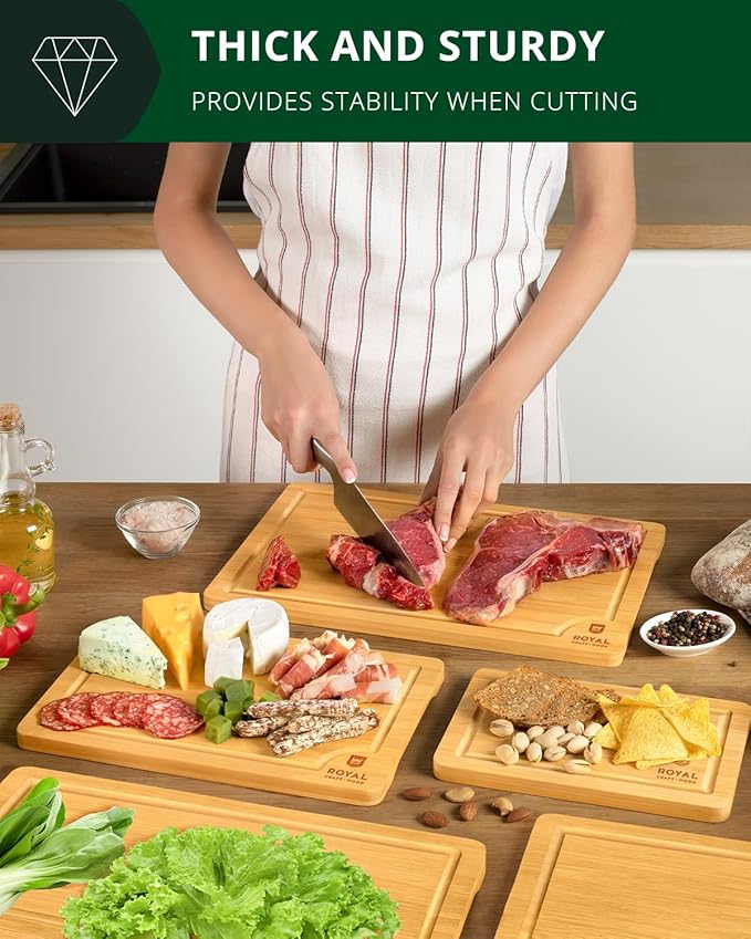ROYAL CRAFT WOOD Wooden Cutting Boards for Kitchen Meal Prep & Serving - Bamboo Wood Serving Board Set with Deep Juice Groove Side Handles - Charcuterie & Chopping Butcher Block for Meat - Image 6