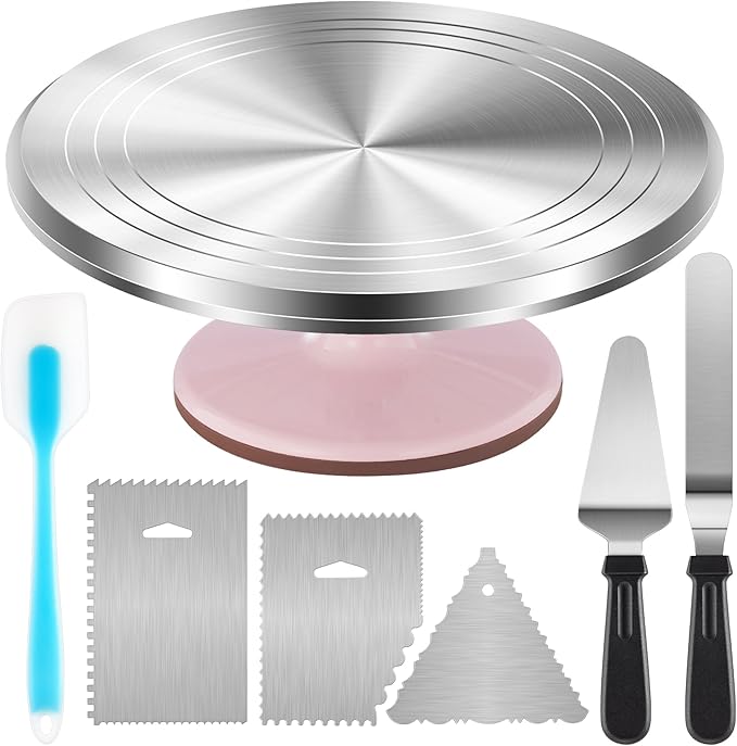 Kootek Aluminium Cake Turntable Set, Baking Tools with Revolving 12" Cake Stand for Decorating, 12.7" Offset Spatula, 3 Stainless Steel Frosting Icing Smoother, Cake Serve Cake Decorating Kit Supplies by Kootek