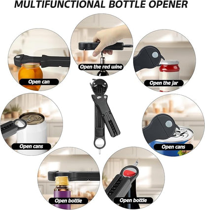 7 in 1 Jar Opener Bottle Opener and Wine Opener for Seniors with Arthritis, Weak Hands, Multi Retractable Magnetic Can Opener, Original Kitchen Lid Opener Tool (Black)
