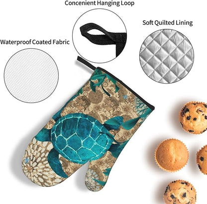 Retro Teal Nautical Oven Mitts and Pot Holders Sets,Sea Turtles Oven Gloves Hot Pads, Coastal Kitchen Mitts for Cooking Baking BBQ,Nautical Coastal Beach Ocean Cruise Themed Gifts for Women Sea Lover