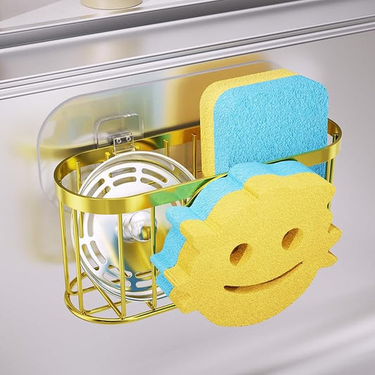 Consumest Sponge Holder Smiley Face - Kitchen Sink Caddy, Sink Organizer with Removable Suction Cups & Adhesive Strips, Suit for Sponge, Soap,Gold