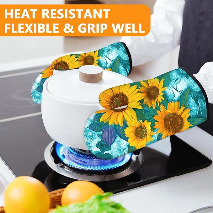Sunflower Oven Mitts and Pot Holders Sets 4Pcs,Extra Long Oven Gloves Potholder for Kitchen Cooking Baking BBQ 100% Cotton Heat Resistant - Image 6