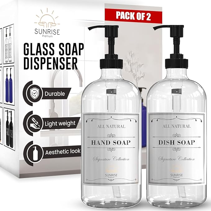 Sunrise Premium 16 OZ Thick Clear Glass Soap Dispenser with Pump 2 Pack, Hand and Dish Soap Dispenser Set for Bathroom and Kitchen with 6 Waterproof Labels by SunrisePremium