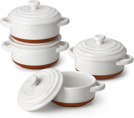 MALACASA Mini Cocotte Set - 12 OZ Small Casserole Dishes for Oven, Ramekins with Lids and Handles, Ceramic Mini Dutch Oven Set of 4, Microwave & Dishwasher Safe, Khaki White, Series TARA by MALACASA